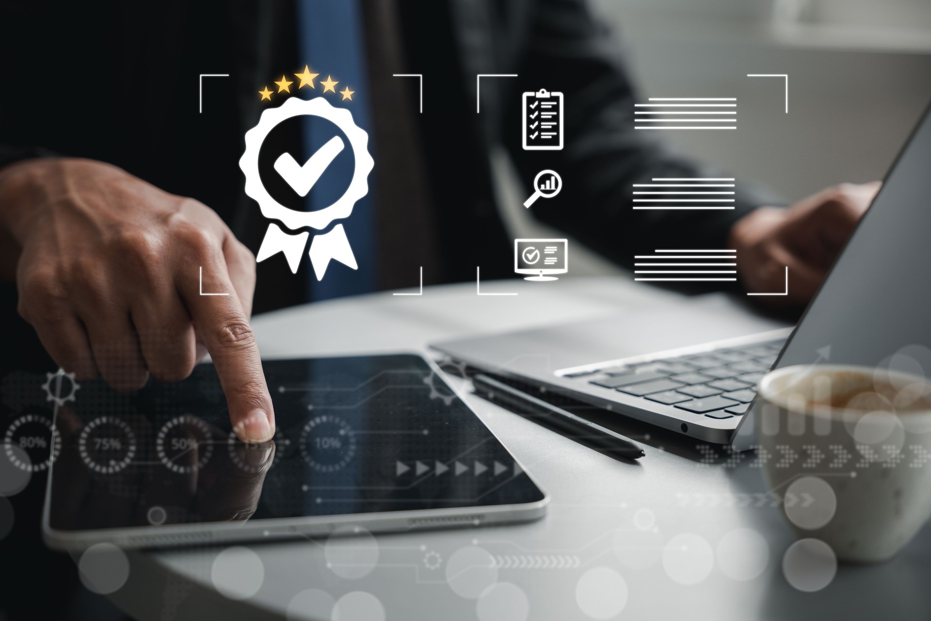 Businessman showcasing ISO certification and quality control icon. Assurance of top service and compliance with international standards. Tablet device present to show products and services standards